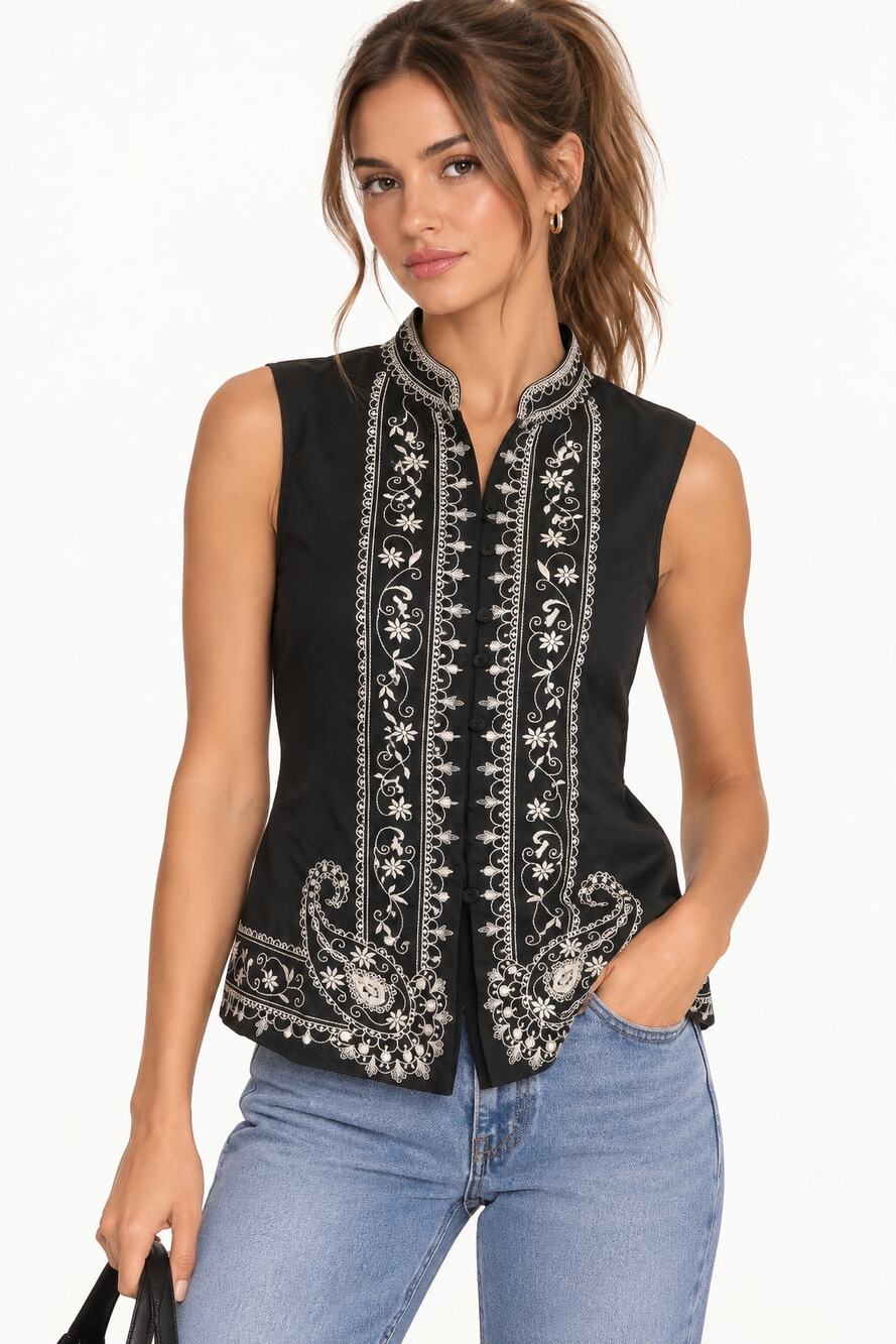 Josephine Chaus Black Embroidered Festival Vest Vintage 80s 90s EUC Size 4